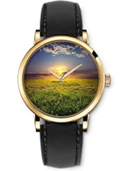 SPRAWL Aanalog Fashion Series Gold Ladies Watches of Genuine Black Leather Strap,Unique Wrist Watch for Women Girls Designed with Country sunset