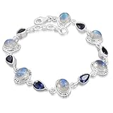 925 Sterling Silver Rainbow Moonstone Iolite Gemstone Handmade Link Bracelet Fashion Jewelry