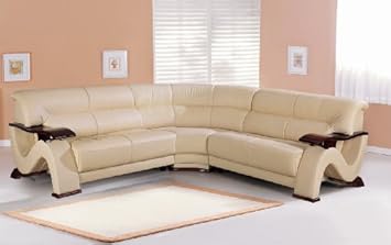 Modern Furniture Beige Leather Mini-Sectional Sofa w/Mahogany Arms&Base