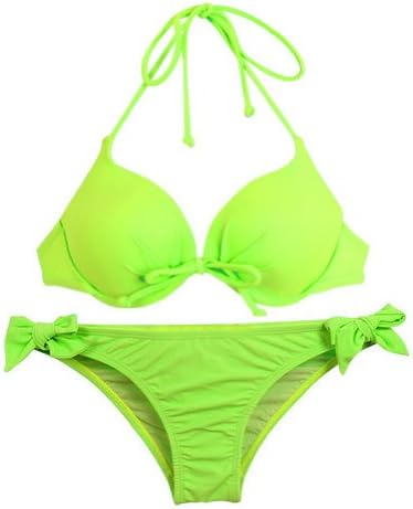 ECOSCO Fluorescent Green Halter String Padded Side Tie Bottom Swimsuit Swimwear (XL)