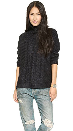 Bop Basics Women's High Low Cable Knit Turtleneck Sweater, Navy Combo, Medium