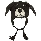 Unisex Adorable Animal Face Fully Lined Knit Winter Hats / Earflap Beanie - Black Dog