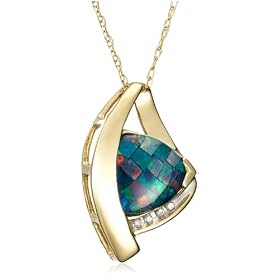 10k Yellow Gold Trillion Cut Created Mosaic Opal and Diamond Pendant, 18"