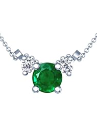 18K White Gold Round Cut Emerald And Round Diamond Pendant
