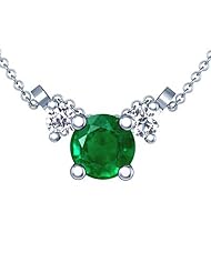 14K White Gold Round Cut Emerald And Round Diamond Pendant