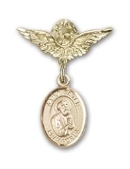 Gold Filled Baby Badge with St. Peter the Apostle Charm and Angel with Wings Badge Pin