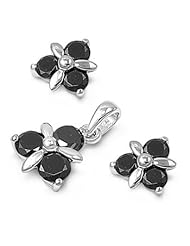 Sterling Silver Windmill Pendant with Earrings Jewelry Set with Round Black CZ