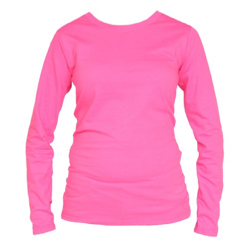 Long Sleeved Fuschia Hot Pink Classic Fit Tunic Length Womens' Solid color contoured T-Shirt, 100% cotton, 5 Adult Sizes