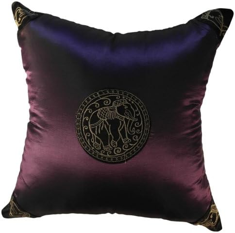 Royal Asian Elephant -18x18 Inches, Embroidered Royal Asian Elephant on Silk Decorative Pillow Cover. (Deep Purple)