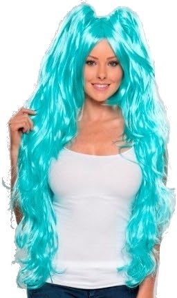 Turquoise Bright Blue Bob Wig with Long Curly Ponytails COSPLAY