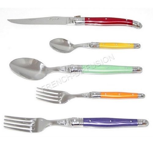 Authentic French LAGUIOLE Dubost - COMPLETE 30 pcs flatware set - MULTI rainbow colors: PURPLE - ORANGE - BLUE - YELLOW - RED - MINT GREEN - in HEAVIER 25/10 stainless steel - blade : 2.5 mm thick: very sturdy! - 6x knives + 6x soup spoons + 6x dessert/coffee spoons + 6x large forks + 6x dessert/pudding forks (original genuine full family quality dinner table colour cutlery setting for 6 people - with CERTIFICATE of AUTHENTICITY - dishwasher safe! - gift-wrap available - direct from FRANCE)