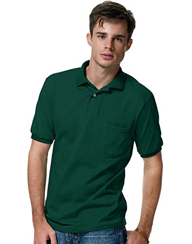 Hanes Men's Cotton-Blend EcoSmart Jersey Polo with Pocket-S-Deep Forest