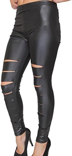 Trendy Sexy Women's/Girls Shiny PVC Wet Look Ripped/Slashed Punk Chick Leggings (S/M (6-10), Black)