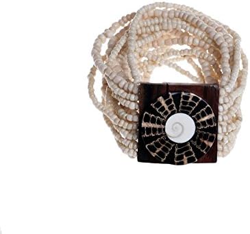 The Beaded Soul Women's Seed Bead Bracelet with Wood & Shiva Eye Shell 8'' Antique Natural