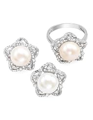 Sterling Silver Pearls and 6.95 CTW Cubic Zirconias Ladies Jewelry Set. Ring Size 9. Length 16 in. Total Item weight 6.0 g.
