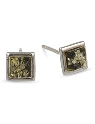 Sterling Silver Green Amber Small Square Stud Earrings