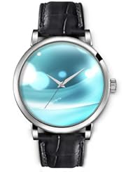 SPRAWL Aanalog Fashion Series Silver Ladies Watches of Genuine Black Leather Strap,Unique Wrist Watch for Women Girls Designed with Circles and bars metallic blue background