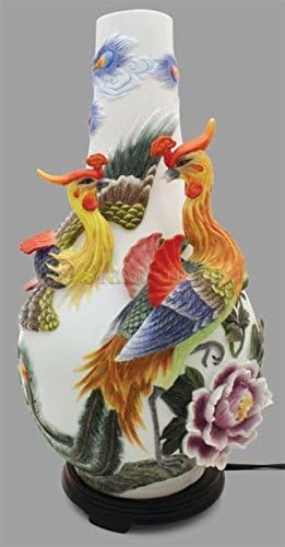 Mythical Phoenix Couple with Peony Handpainted Porcelain Lamp 3 Dimensional Birds Flowers