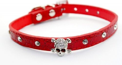 Enjoying Adjustable Large Puppy Dog Pet Doggie Cats Leather Collars Necklaces With Crystal Skull L -Red