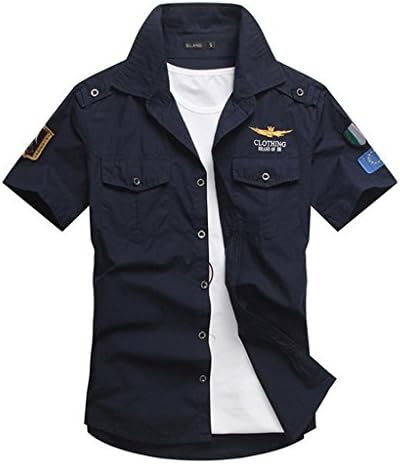 Nuosende Men's Summer Military Style Short Sleeve Shirt Dark Blue L