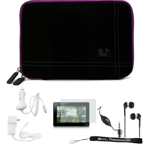 eBigValue: Black with Purple Trim Limited Edition Stylish Sleeve Premium Cover Case with Aerotechnology Protection and with front pocket For Blackberry Playbook Table Notebook Organizer Device + a White Micro Car charger + a White Micro Home charger + Black Clear High Quality HD Noise Filter Ear buds Earphones Headphones with a MIC ( 3.5mm Jack ) + a Anti-Glare Screen Protector + Includes 4-inch ebigvalue Determination Hand Strap