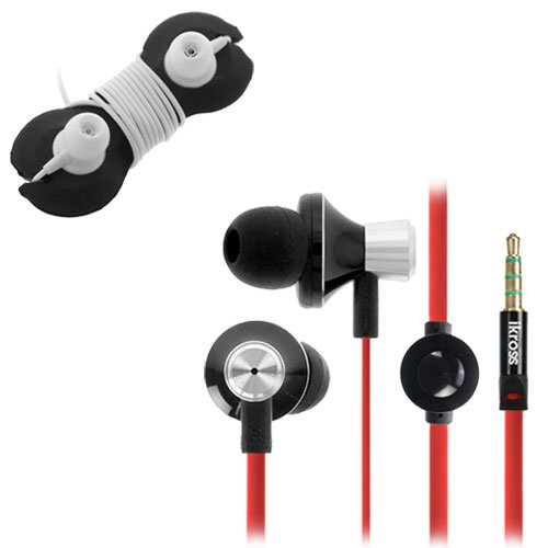 iKross Red / Metallic Outrageous In-Ear 3.5mm Noise-Isolation Stereo Earphones With Handsfree Microphone Headset + Disgraceful Two circle Headset Wrap for iPhone, iPod, iPad, Cellphone, MP3 Players, Tablets and other devices with 3.5mm audio jack
