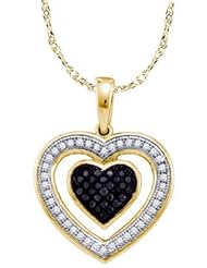 10k Yellow Gold Black Colored & Natural White Diamond Womens Heart Love Anniversary Fashion Pendant with 18" Chain - .20 (1/5) Ct.t.w.
