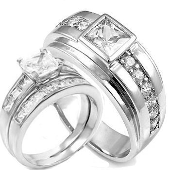 His & Hers unisex 3 Pieces, 925 STERLING SILVER & STAINLESS STEEL Engagement Wedding Ring Set (Size Men's 11 Women's 9) His & Hers unisex 3 Pieces, 925 STERLING SILVER & STAINLESS STEEL Engagement Wedding Ring Set (Size Men's 11 Women's 9)