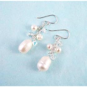 Sterling Silver White Pearls, Swarovski Crystals, and Clear Quartz Cluster with Pearl Drop Earrings