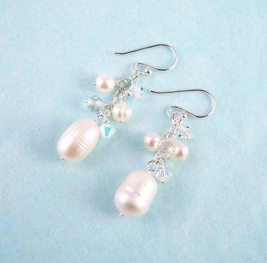 Click here to buy Sterling Silver White Pearls, Swarovski Crystals, and Clear Quartz Cluster with Pearl Drop Earrings.