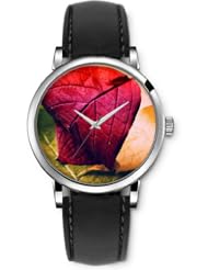 SPRAWL Aanalog Fashion Series Silver Ladies Watches of Genuine Black Leather Strap,Unique Wrist Watch for Women Girls Designed with Red leaf folded