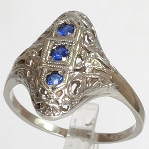 14k White Gold Filigree Art Deco .15 CTW Sapphire Antique Estate Ring Sz 7