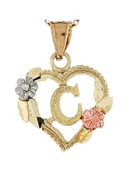 14k Three Tone Real Gold Heart & Roses Letter C Initial Charm Pendant