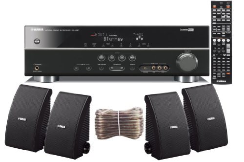 Yamaha 3D-Ready 5.1-Channel 500 Watts Digital Home Theater Audio/Video Receiver With a USB Digital Input and Connecting Cable to Play & Charge Your iPod or iPhone & Control Remotely + Set of 4 Yamaha All Weather Indoor / Outdoor 180 watt Wall Mountable Natural Sound 2-way Acoustic Suspension Speakers - Black + 100ft 16 AWG Speaker Wire