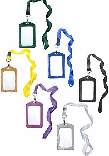 Set of 6 Horizontal Style Faux Leather Business ID Credit Card Badge Holder+ with 31" Round Length Neck Strap Band Lanyard