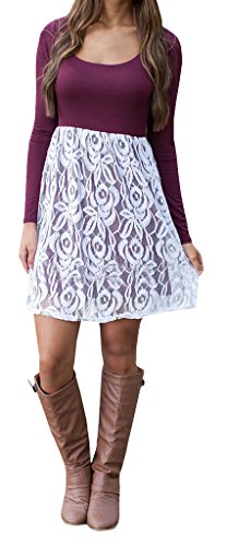 Chuanqi Women's White Crochet Lace Patchwork A-Line Mini Dresses, Small, Maroon