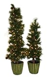 Good Tidings Chinese Fir Artificial Prelit Christmas Trees Set of Two 4 and 5 Feet Tall in White Square Pots
