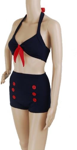 Bikini Navy Blue Retro 50s Pin up Rockabilly Vintage Tie Bow Back Halter MOD Women's Swimwear Size L , Large