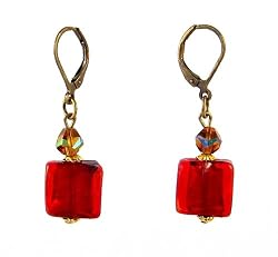 Earrings - E292 - Murano Style Glass - Square ~ Red and Brown