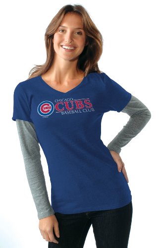 MLB Women's Chicago Cubs Long Sleeve Double Layered V Neck Tee (Royal, Medium)