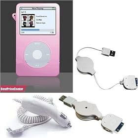 Pink Cover Skin Silicone Case for Apple Ipod Video 30g + White Car Charger for Apple Ipod Video + White Data Cable for Apple Ipod Video