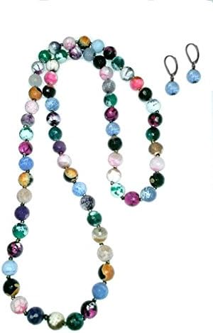 Pink, Blue, Brown, White and Green Agate Bead Necklace and Earrings