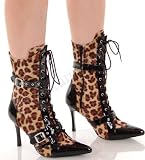 Pleaser Brand Style Daring-1022 Sexy Pointy Toe Cheetah Fur Buckled 3.75' High Heel Calf Ankle Boots