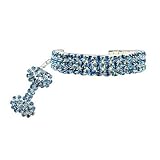 PETFAVORITES™ Couture Designer Fancy 3 Rows Rhinestones Pet Cat Dog Necklace Collar Jewelry with Bling Crystal Bone Charm Pendant for Pets Cats Small Dogs Female Puppy Chihuahua Yorkie Girl Costume Outfits, Adjustable and Handmade (Blue, Neck Size: 8"-10")