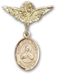 Gold Filled Baby Badge with St. John Vianney Charm and Angel with Wings Badge Pin