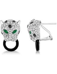 Black Onyx, Emerald and White and Black Colored Diamond Panther Drop Earrings in 14K White Gold 1.2