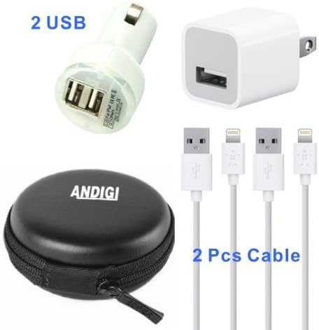 ANDIGI 4-in-1 Dual USB Car Charger + 2pcs USB Data Charging Cable + Wall Charger + Hard Case for IPhone 5 and 5s, iPad4 and Air