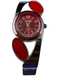 BestOfferBuy Women Stylish Leaf Rhinestone Metal Bangle Bracelet Wrist Watch Red
