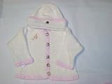 Knitted on Hand Knitting Machine Natural Chenille Hand Crochet Finished with Pink Chenille Trim Infant Girls Cardigan, Hat Set Trimmed with Customer Chosen Ivory Monogram Letter
