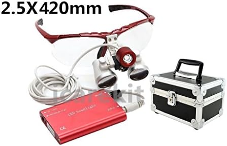 Chericare 2.5X 420mm! Red Dental Surgical Medical Binocular Loupes + LED Head Light Lamp + Carry Bag